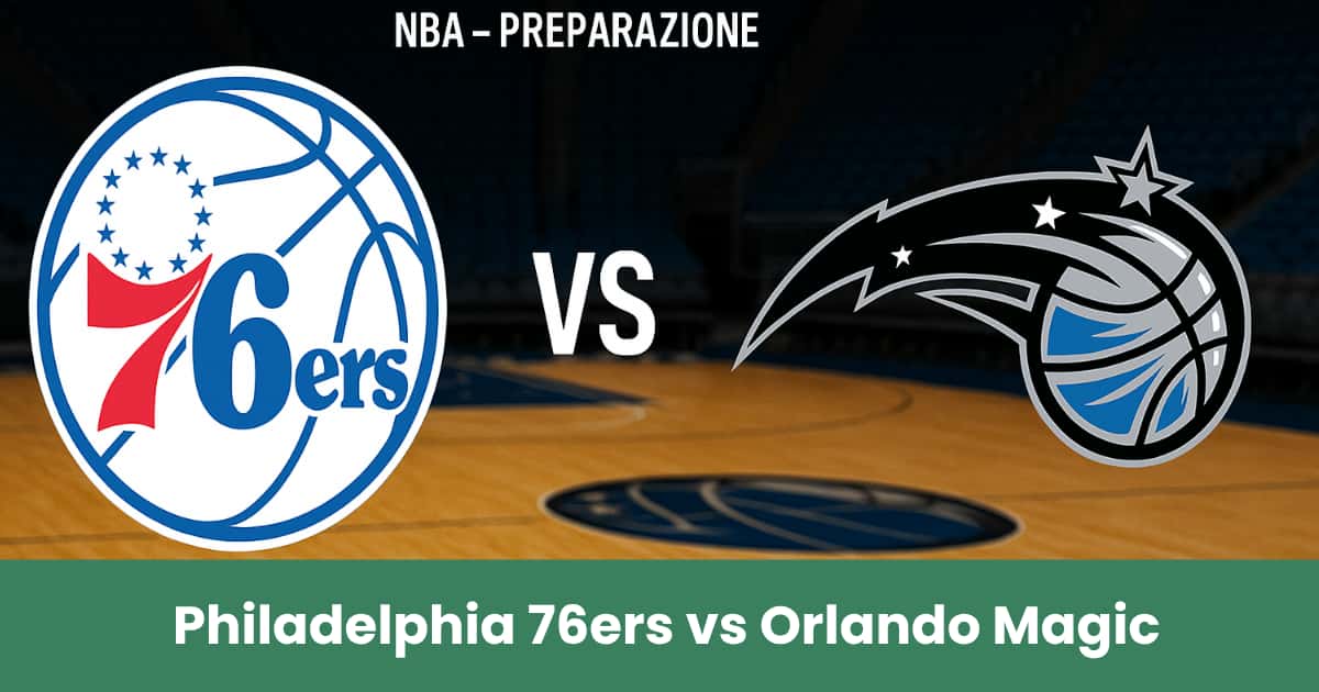 Philadelphia 76ers vs Orlando Magic in una sfida NBA di preparazione con i loghi delle squadre su un campo da basket illuminato.