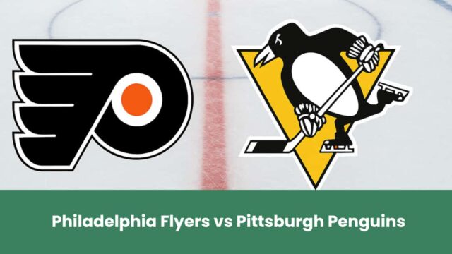 Logo dei Philadelphia Flyers e dei Pittsburgh Penguins centrati su una pista di hockey ghiacciata.