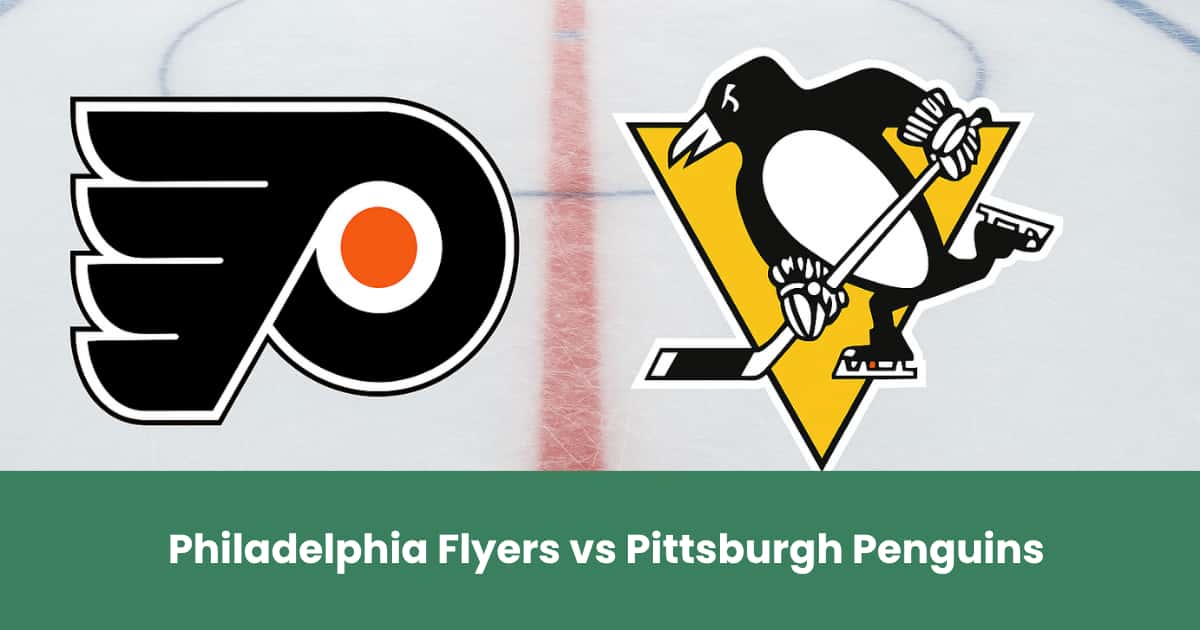 Logo dei Philadelphia Flyers e dei Pittsburgh Penguins centrati su una pista di hockey ghiacciata.