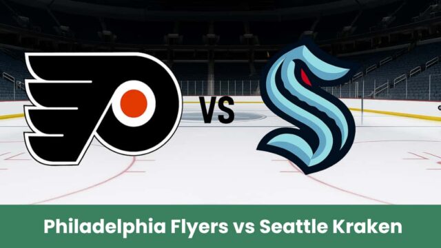 Logo centrato dei Philadelphia Flyers e Seattle Kraken su pista di hockey ghiacciata.