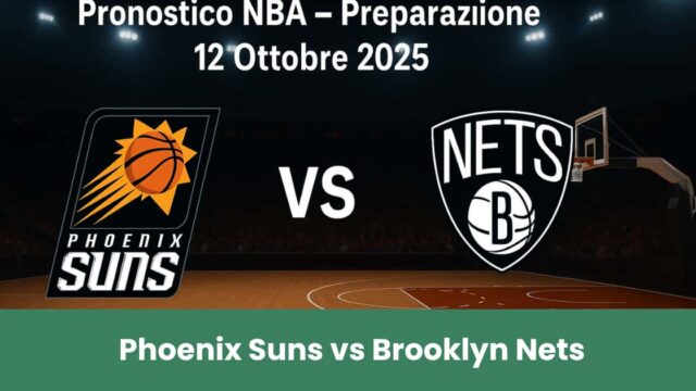Pronostico NBA Phoenix Suns vs Brooklyn Nets con loghi e campo da basket sullo sfondo.