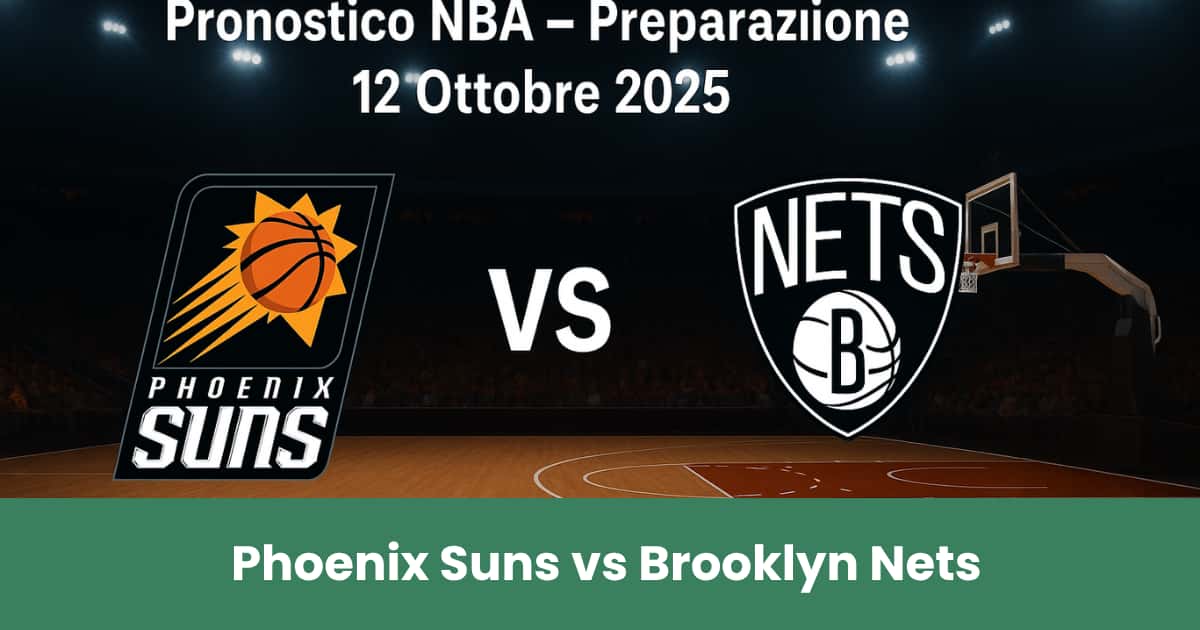 Pronostico NBA Phoenix Suns vs Brooklyn Nets con loghi e campo da basket sullo sfondo.