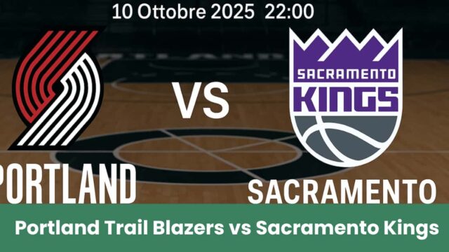 Immagine promozionale del match NBA di preparazione tra Portland Trail Blazers e Sacramento Kings sul campo da basket.