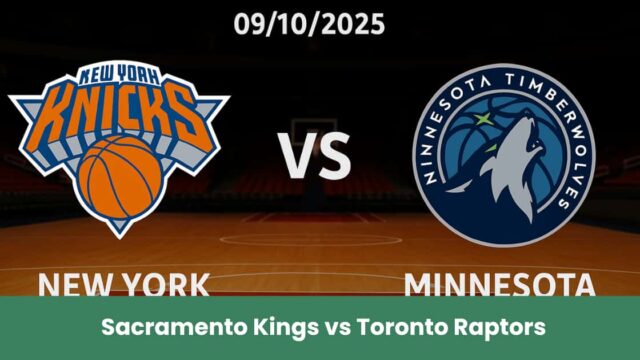 Immagine del pronostico NBA tra New York Knicks e Minnesota Timberwolves sullo sfondo di un campo da basket.