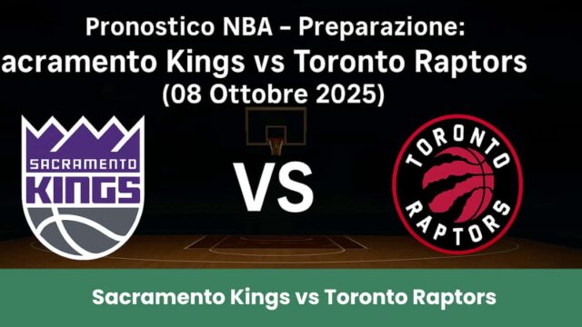 Pronostico NBA 2025: Sacramento Kings vs Toronto Raptors su campo da basket illuminato.