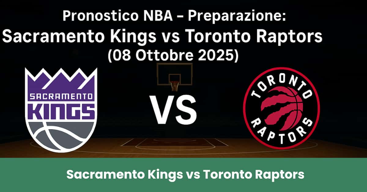 Pronostico NBA 2025: Sacramento Kings vs Toronto Raptors su campo da basket illuminato.