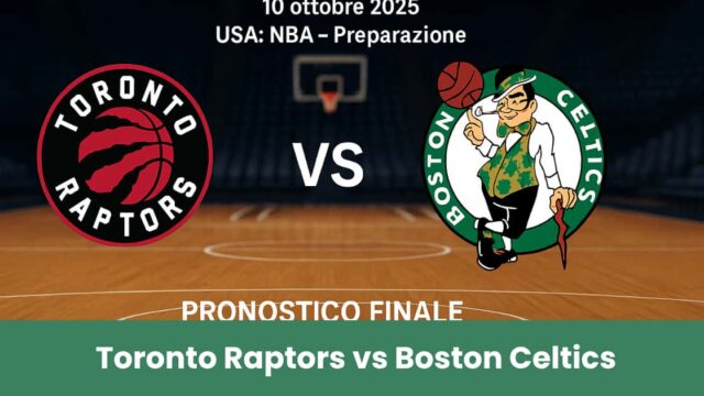 Immagine del pronostico NBA tra Toronto Raptors e Boston Celtics con i loghi delle squadre su uno sfondo di campo da basket.