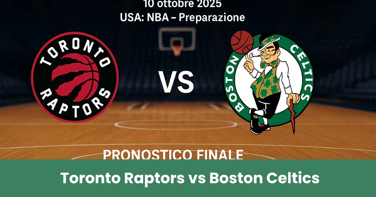 Immagine del pronostico NBA tra Toronto Raptors e Boston Celtics con i loghi delle squadre su uno sfondo di campo da basket.