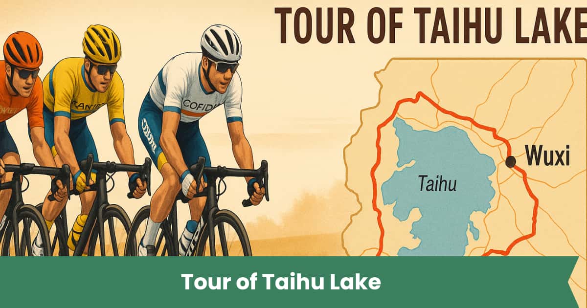 Ciclisti professionisti durante il Tour of Taihu Lake 2025 con mappa del percorso Nanjing-Wuxi in Cina.