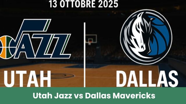 Logo Utah Jazz e Dallas Mavericks su campo da basket, pronostico NBA preparazione 2025.