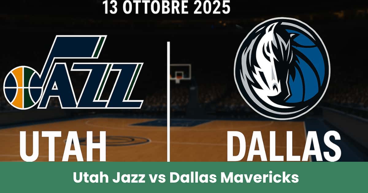 Logo Utah Jazz e Dallas Mavericks su campo da basket, pronostico NBA preparazione 2025.