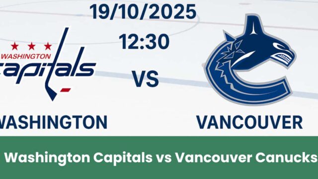 Banner della partita NHL tra Washington Capitals e Vancouver Canucks su pista di hockey, con loghi centrati e sfondo di ghiaccio.